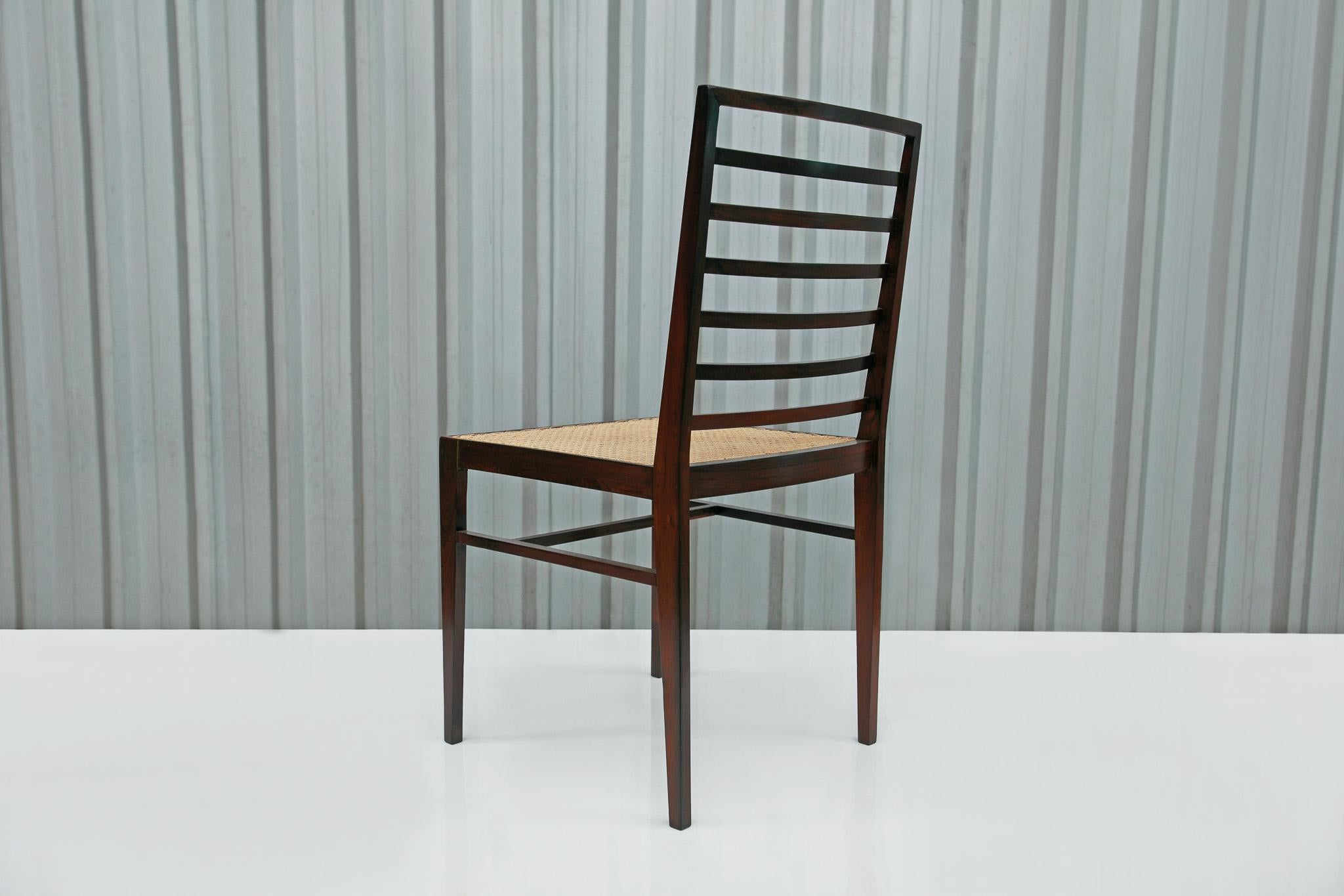 Woodwork Brazilian Modern 4 Chair Set in Hardwood & Cane, Joaquim Tenreiro, Brazil, 1950s For Sale