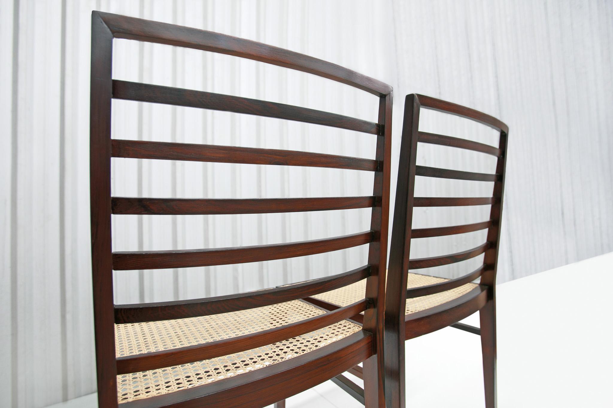 20th Century Brazilian Modern 4 Chair Set in Hardwood & Cane, Joaquim Tenreiro, Brazil, 1950s For Sale
