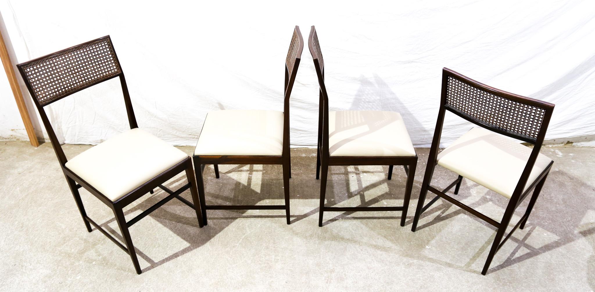 Brazilian Modern 4 Chair Set in Hardwood, Cane, Leather, Joaquim Tenreiro 1950s For Sale 5