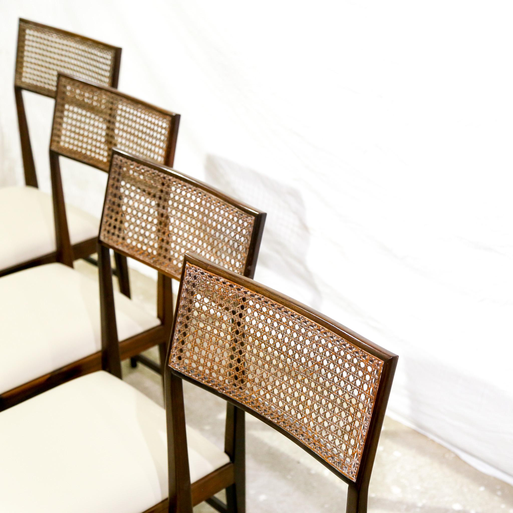 Brazilian Modern 4 Chair Set in Hardwood, Cane, Leather, Joaquim Tenreiro 1950s For Sale 6