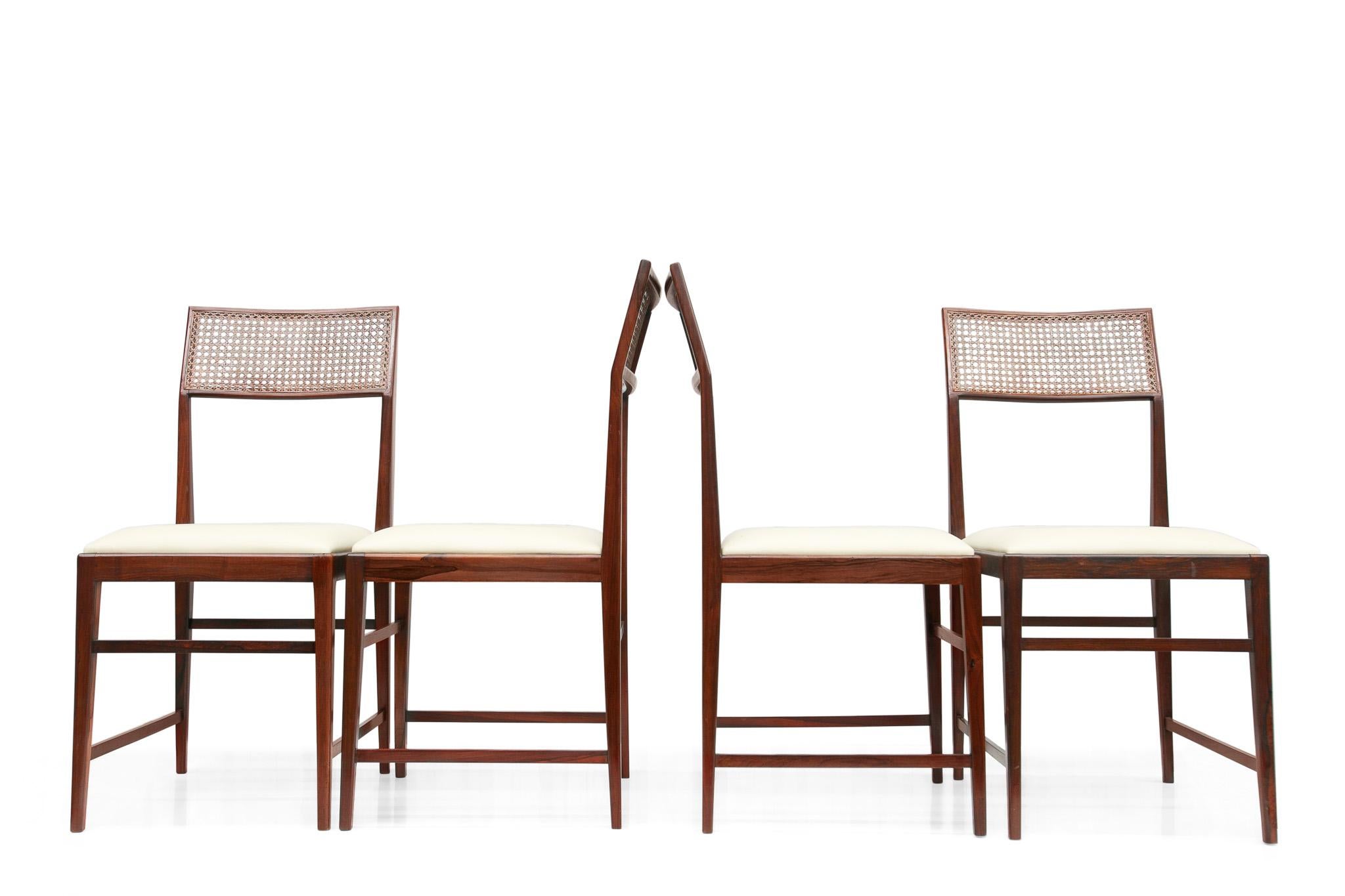 Mid-Century Modern Brazilian Modern 4 Chair Set in Hardwood, Cane, Leather, Joaquim Tenreiro 1950s For Sale