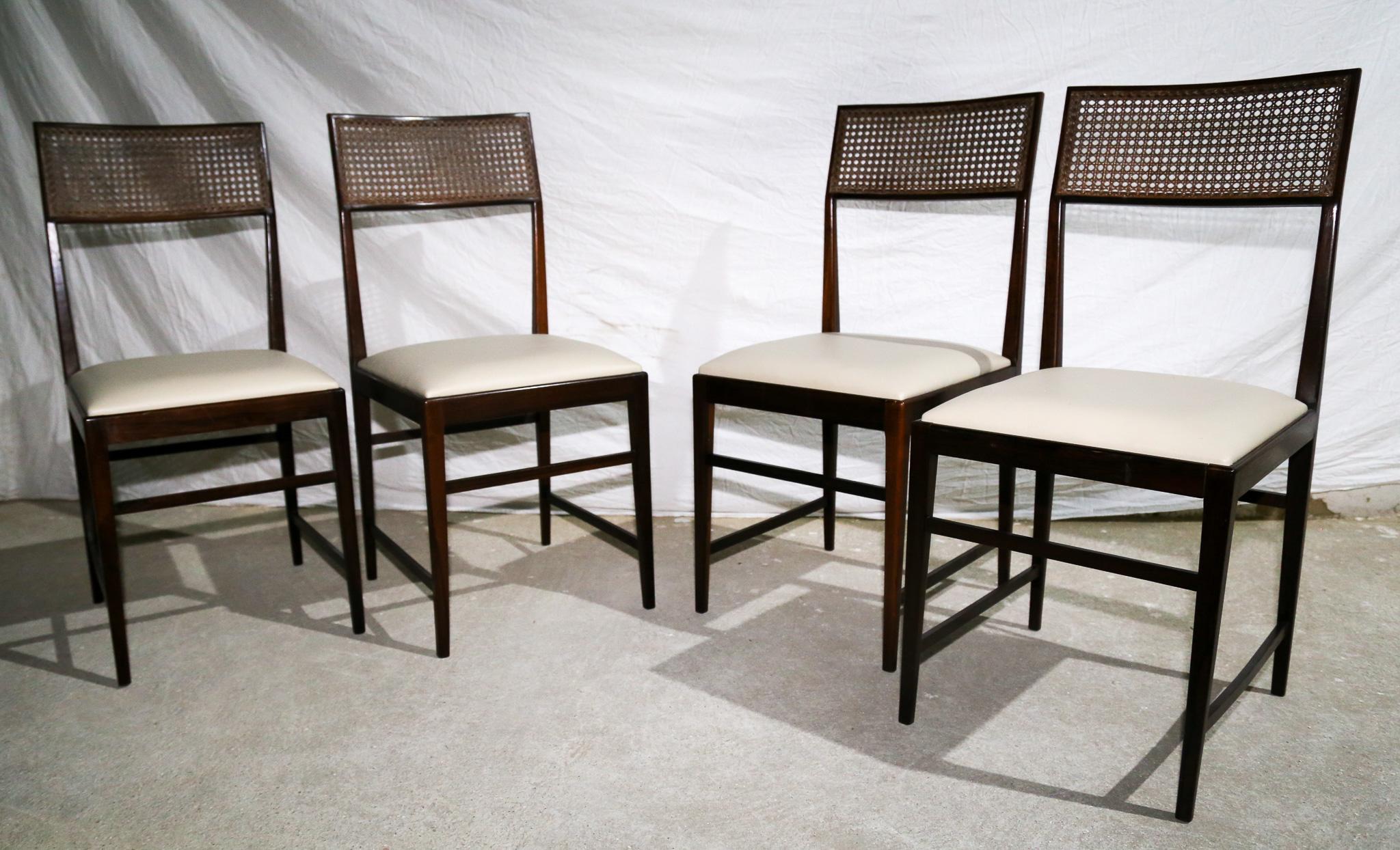 Hand-Knotted Brazilian Modern 4 Chair Set in Hardwood, Cane, Leather, Joaquim Tenreiro 1950s For Sale