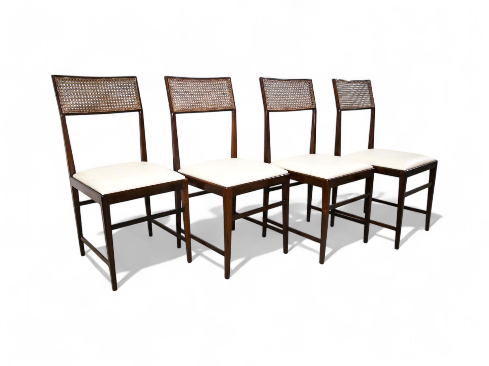 Woodwork Brazilian Modern 4 Chair Set in Hardwood, Cane, Leather, Joaquim Tenreiro 1950s For Sale