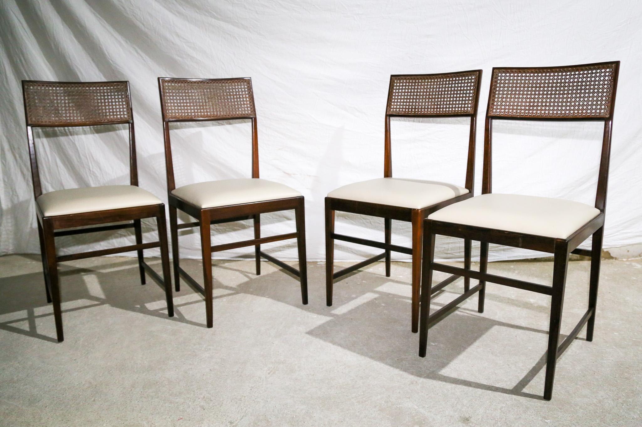 Brazilian Modern 4 Chair Set in Hardwood, Cane, Leather, Joaquim Tenreiro 1950s In Good Condition For Sale In New York, NY