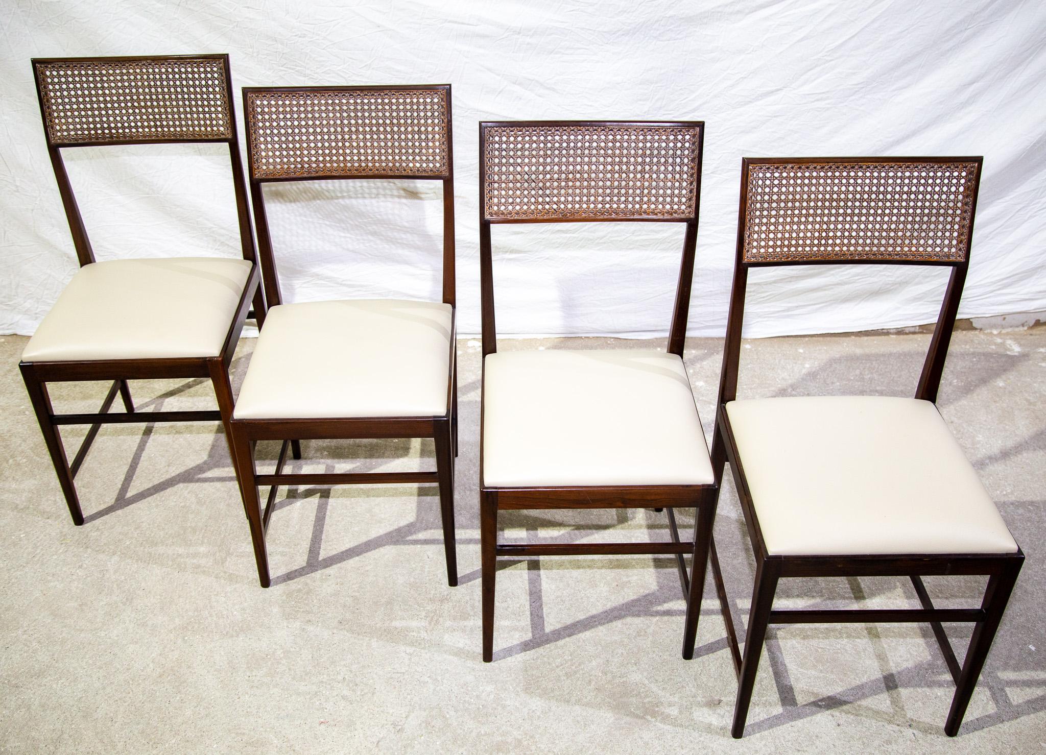 20th Century Brazilian Modern 4 Chair Set in Hardwood, Cane, Leather, Joaquim Tenreiro 1950s For Sale