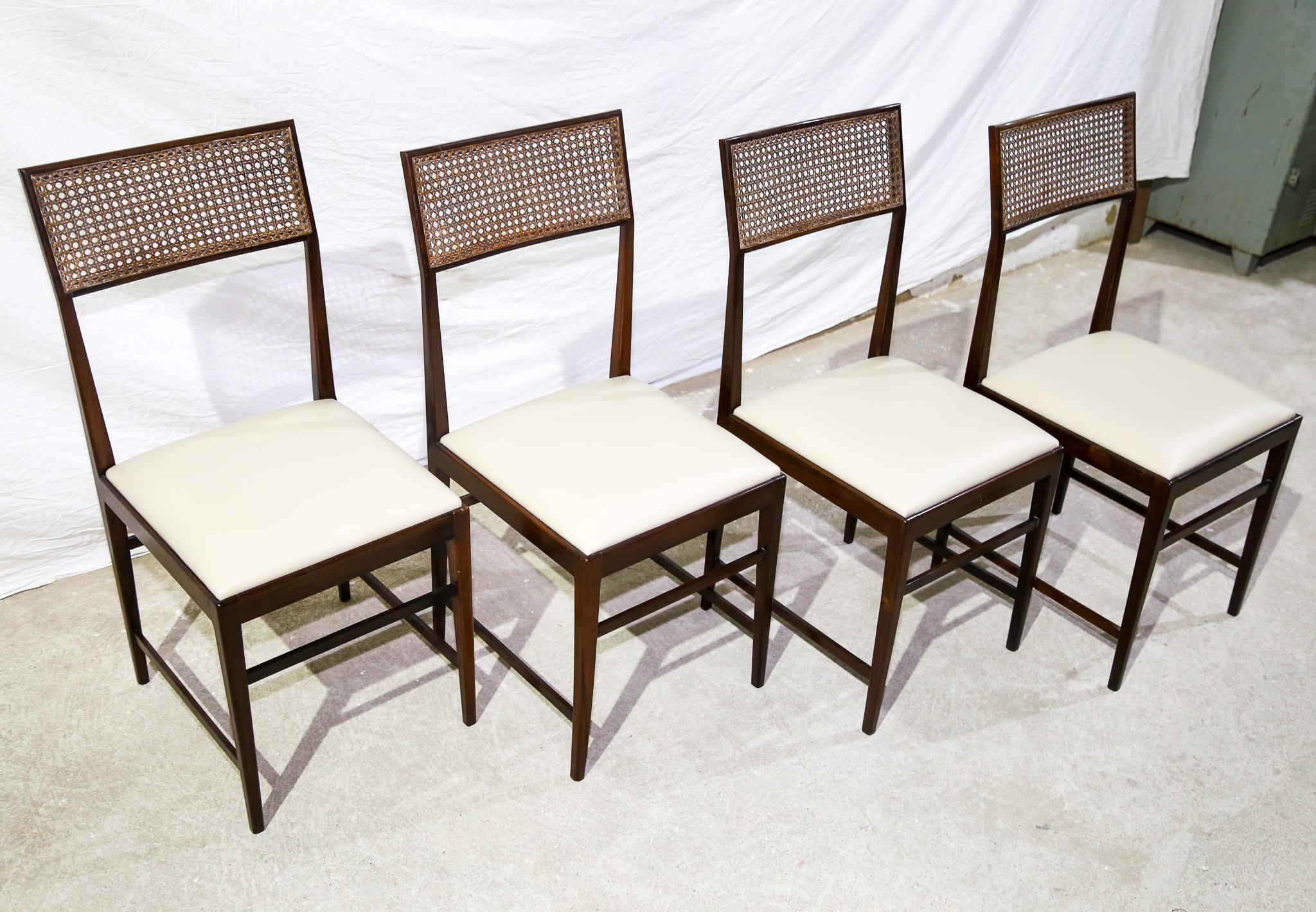 Brazilian Modern 4 Chair Set in Hardwood, Cane, Leather, Joaquim Tenreiro 1950s For Sale 1