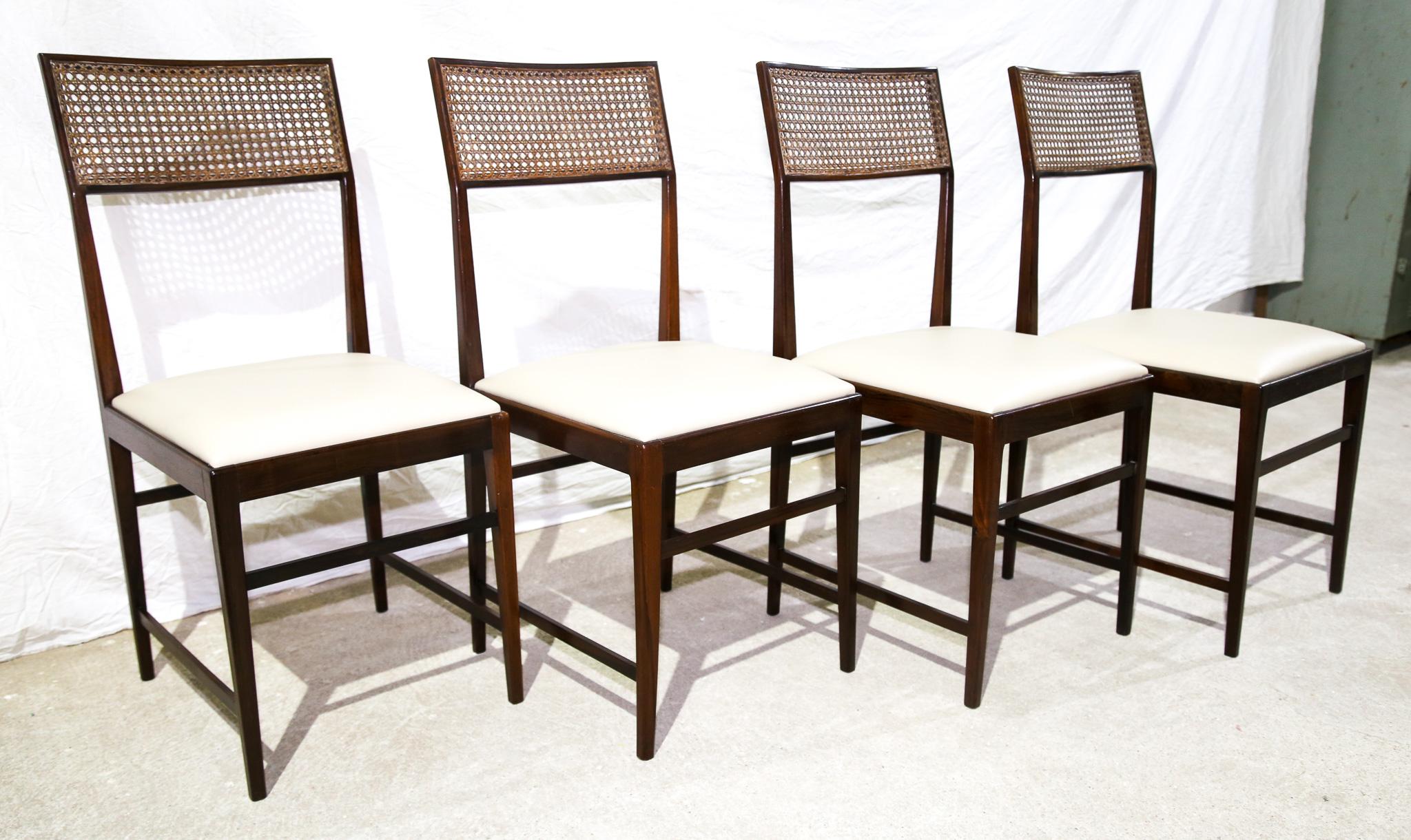 Brazilian Modern 4 Chair Set in Hardwood, Cane, Leather, Joaquim Tenreiro 1950s For Sale 2
