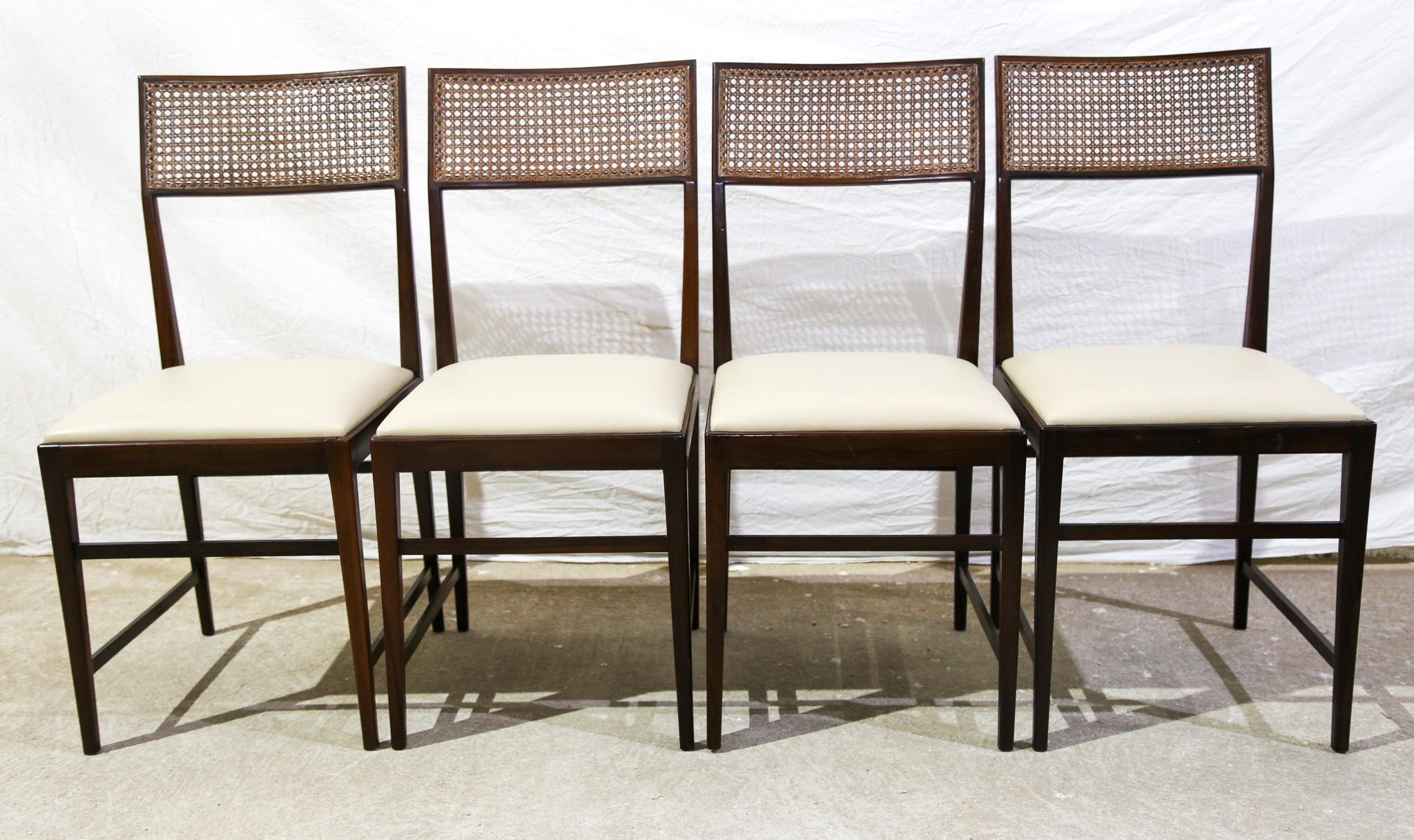 Brazilian Modern 4 Chair Set in Hardwood, Cane, Leather, Joaquim Tenreiro 1950s For Sale 3