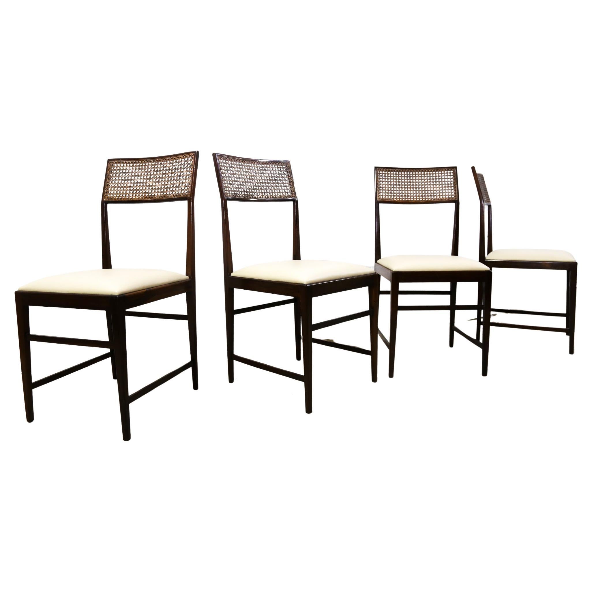 Brazilian Modern 4 Chair Set in Hardwood, Cane, Leather, Joaquim Tenreiro 1950s For Sale