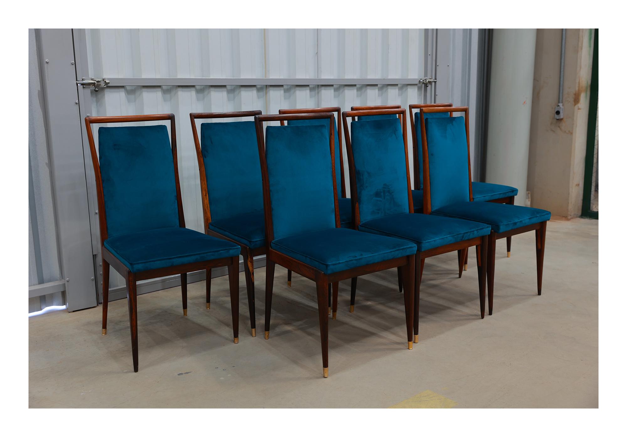 Mid-Century Modern Brazilian Modern 8 Chair Set in Hardwood & Fabric, Giuseppe Scapinelli, c. 1950 For Sale