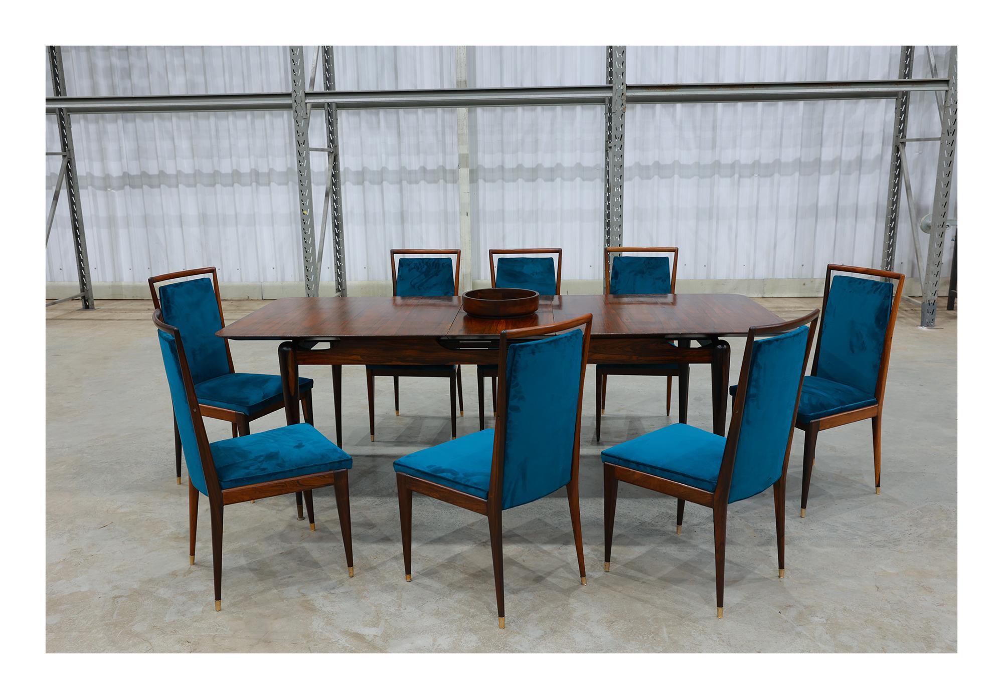 Hand-Painted Brazilian Modern 8 Chair Set in Hardwood & Fabric, Giuseppe Scapinelli, c. 1950 For Sale