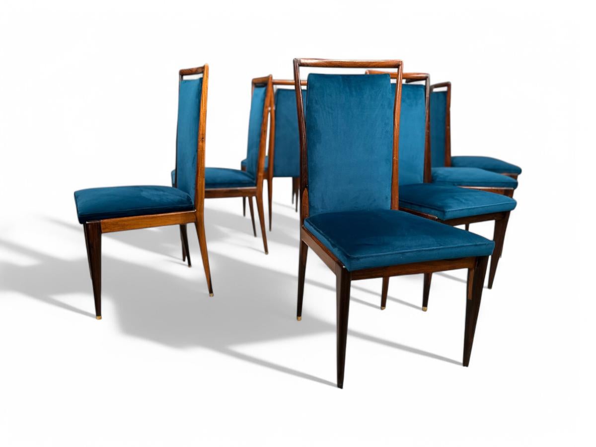 Mid-Century moderno Set di 8 sedie moderne brasiliane in legno duro e tessuto, Giuseppe Scapinelli, 1950 ca. in vendita