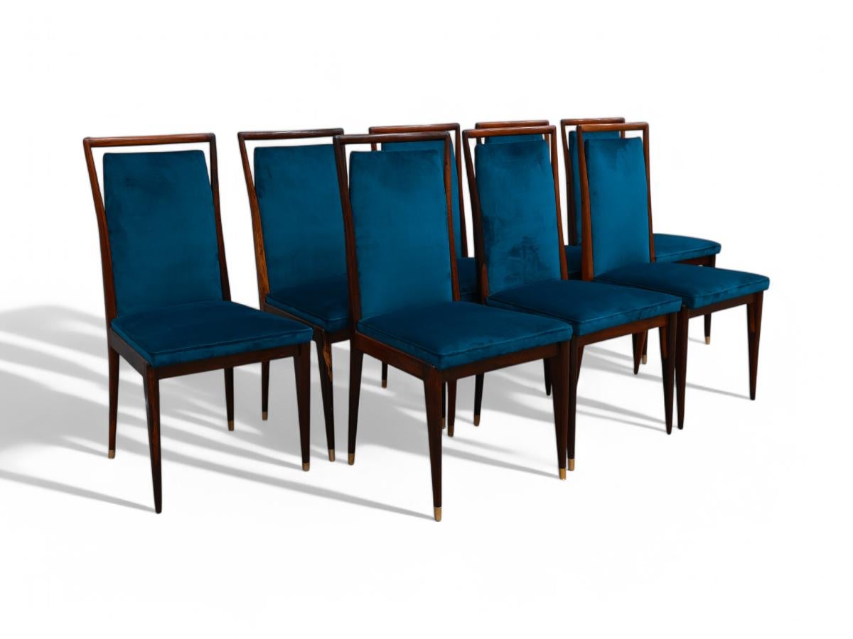 Brasiliano Set di 8 sedie moderne brasiliane in legno duro e tessuto, Giuseppe Scapinelli, 1950 ca. in vendita