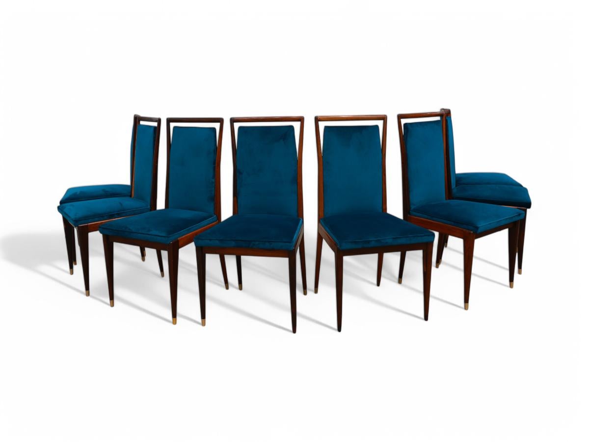 Dipinto a mano Set di 8 sedie moderne brasiliane in legno duro e tessuto, Giuseppe Scapinelli, 1950 ca. in vendita