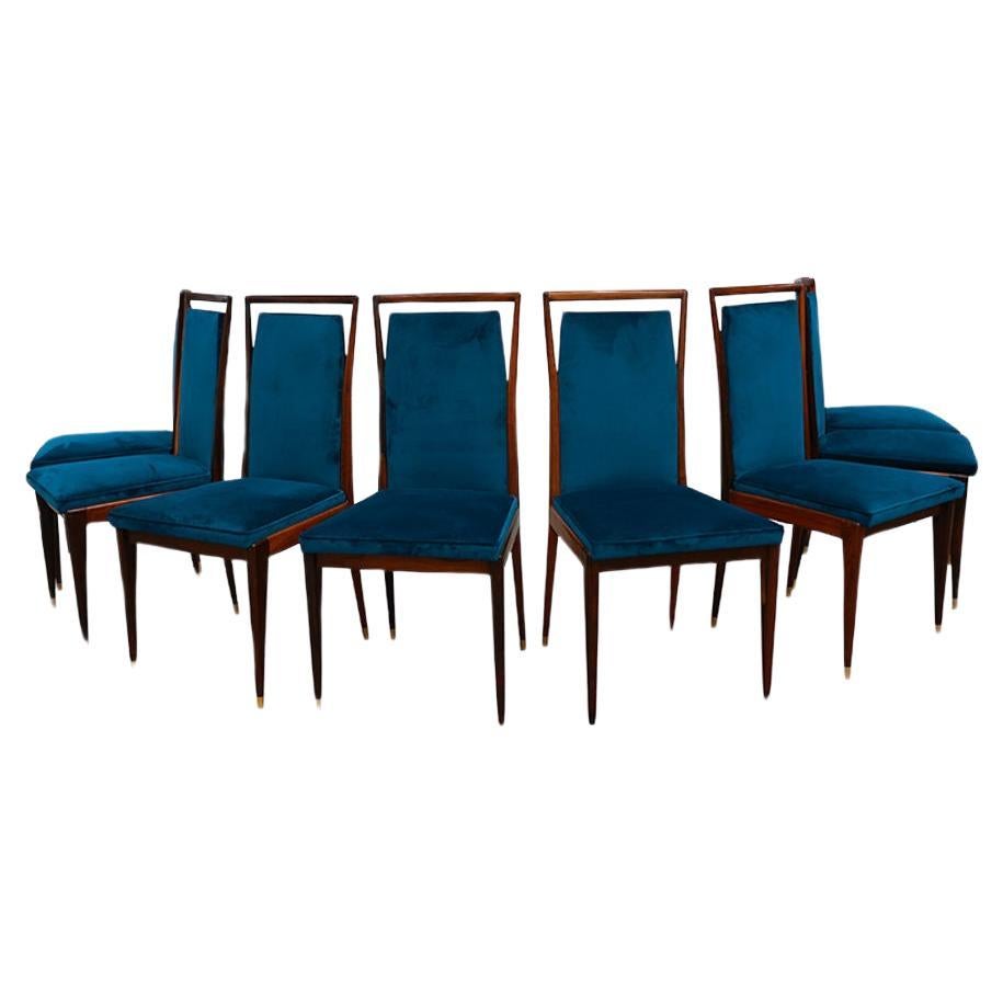 Ensemble moderne brésilien de 8 chaises en bois dur et tissu, Giuseppe Scapinelli, vers 1950