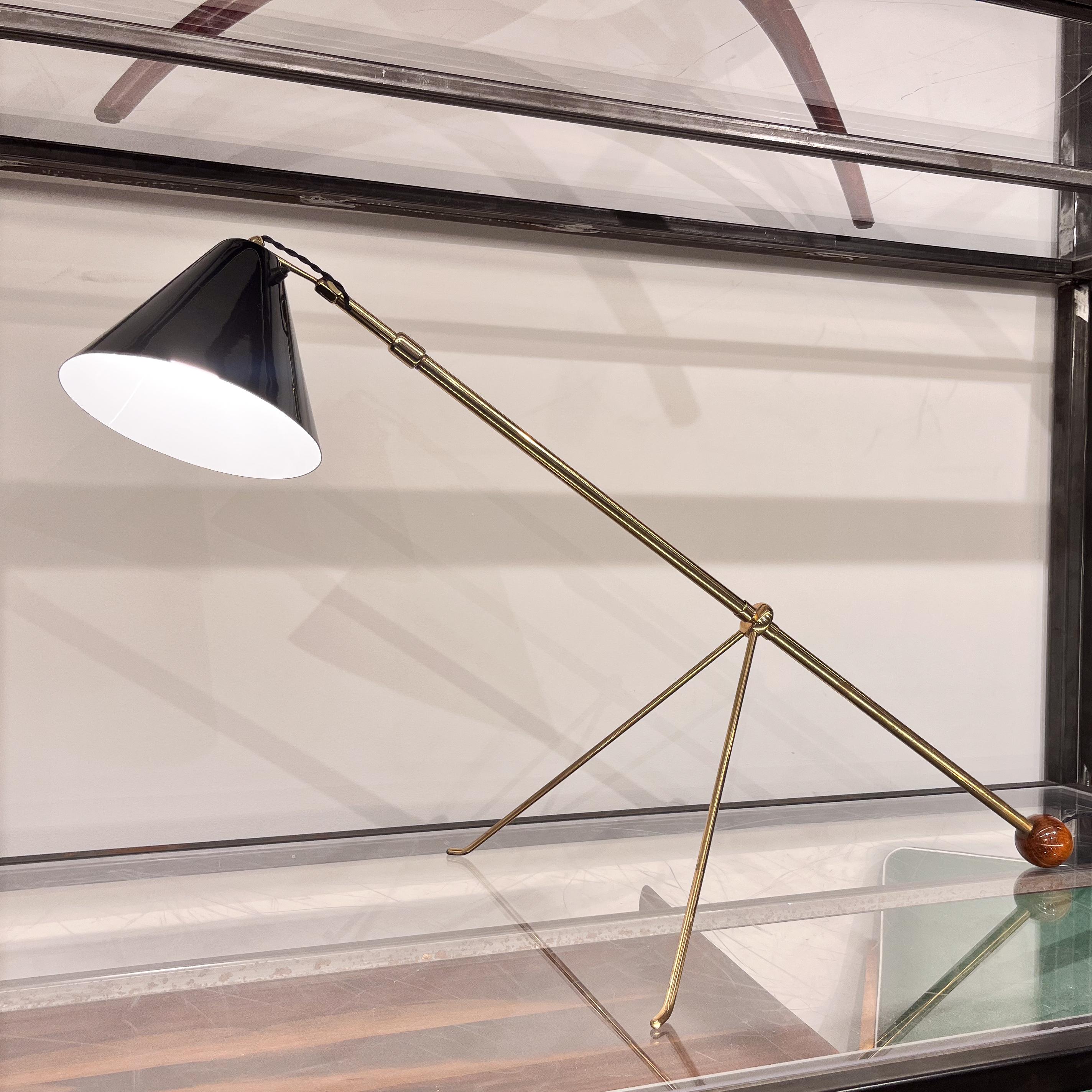 Mid-Century Modern Brazilian Modern Adjustable Floor Lamp in Brass & Wood Detail, Unknown, c. 1960 For Sale