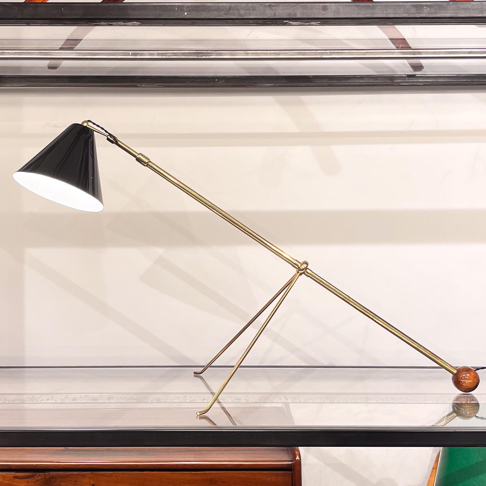 Hand-Crafted Brazilian Modern Adjustable Floor Lamp in Brass & Wood Detail, Unknown, c. 1960 For Sale