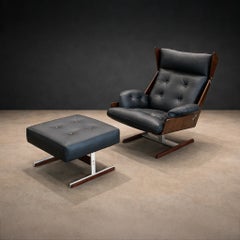 Brazilian Modern Armchair and Ottoman in Rosewood, Leather, and Metal, JD Móveis