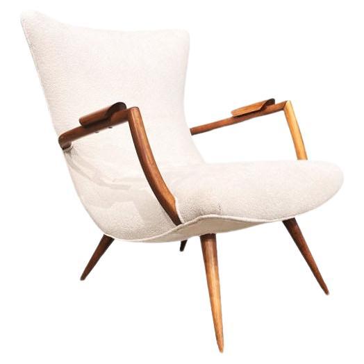 Brazilian Modern Armchair in Hardwood and Boucle, Giuseppe Scapinelli, c. 1950  For Sale