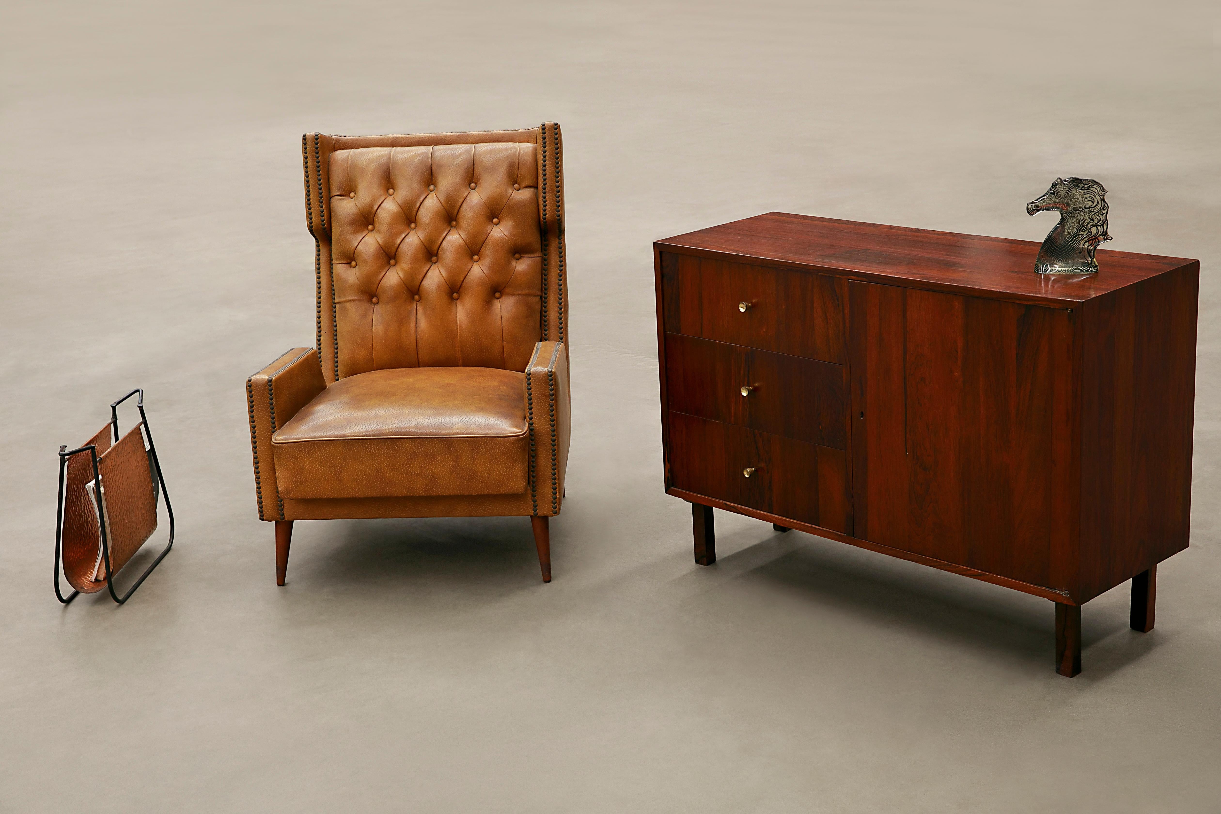 Brasilianischer moderner Sessel aus Hartholz, braunes Leder, G. Scapinelli, 1950er Jahre im Angebot 5