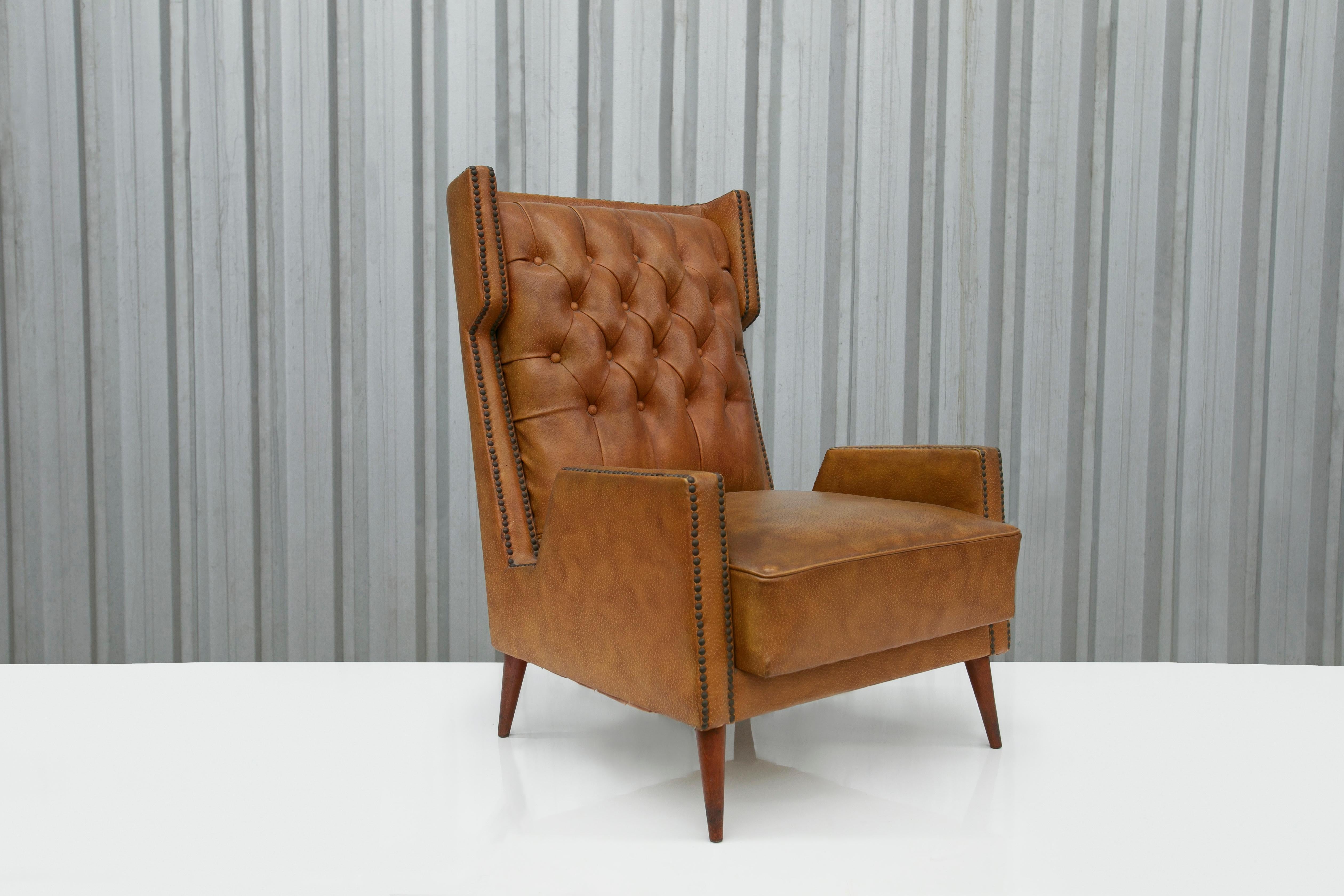 Mid-Century Modern Brazilian Modern Armchair in Hardwood, Brown Leatherette, G. Scapinelli, 1950s For Sale