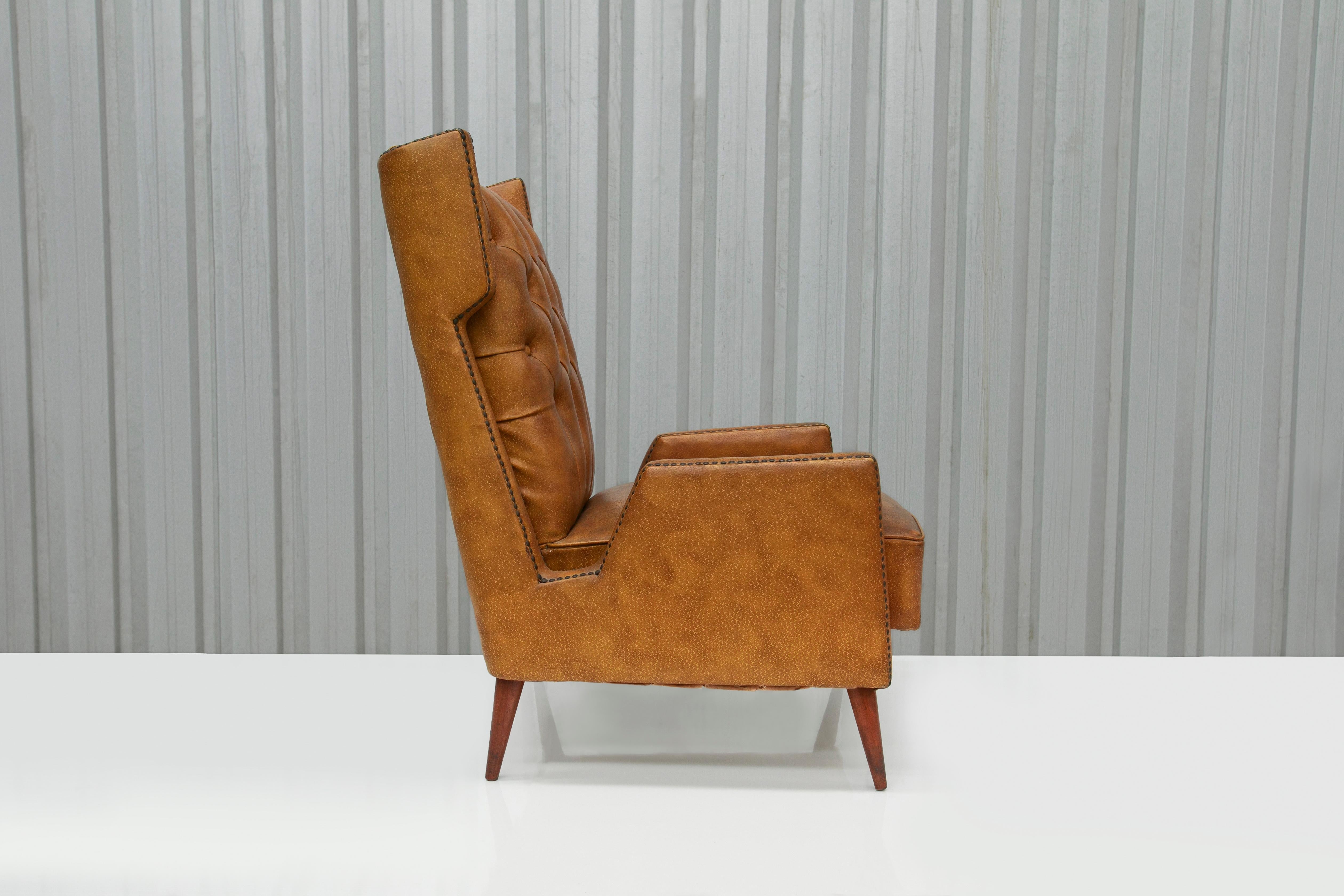 Hand-Crafted Brazilian Modern Armchair in Hardwood, Brown Leatherette, G. Scapinelli, 1950s For Sale