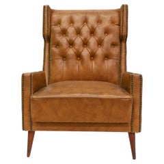 Poltrona moderna brasiliana in legno duro e similpelle marrone, G. Scapinelli, anni '50