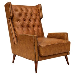 Poltrona moderna brasiliana in legno e finta pelle, Giuseppe Scapinelli, anni '50