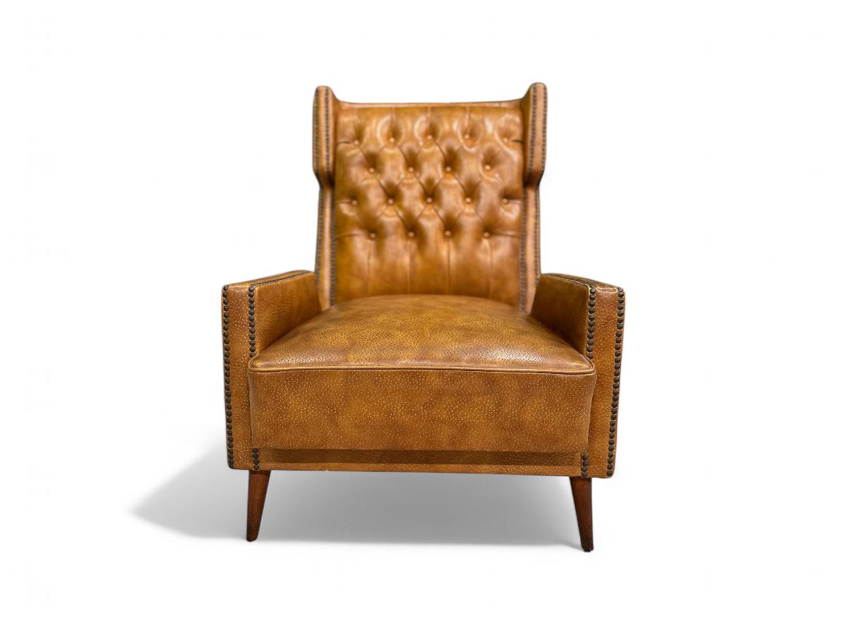 Fauteuil moderne brésilien en bois dur et similicuir, Giuseppe Scapinelli, années 1950 Bon état - En vente à New York, NY