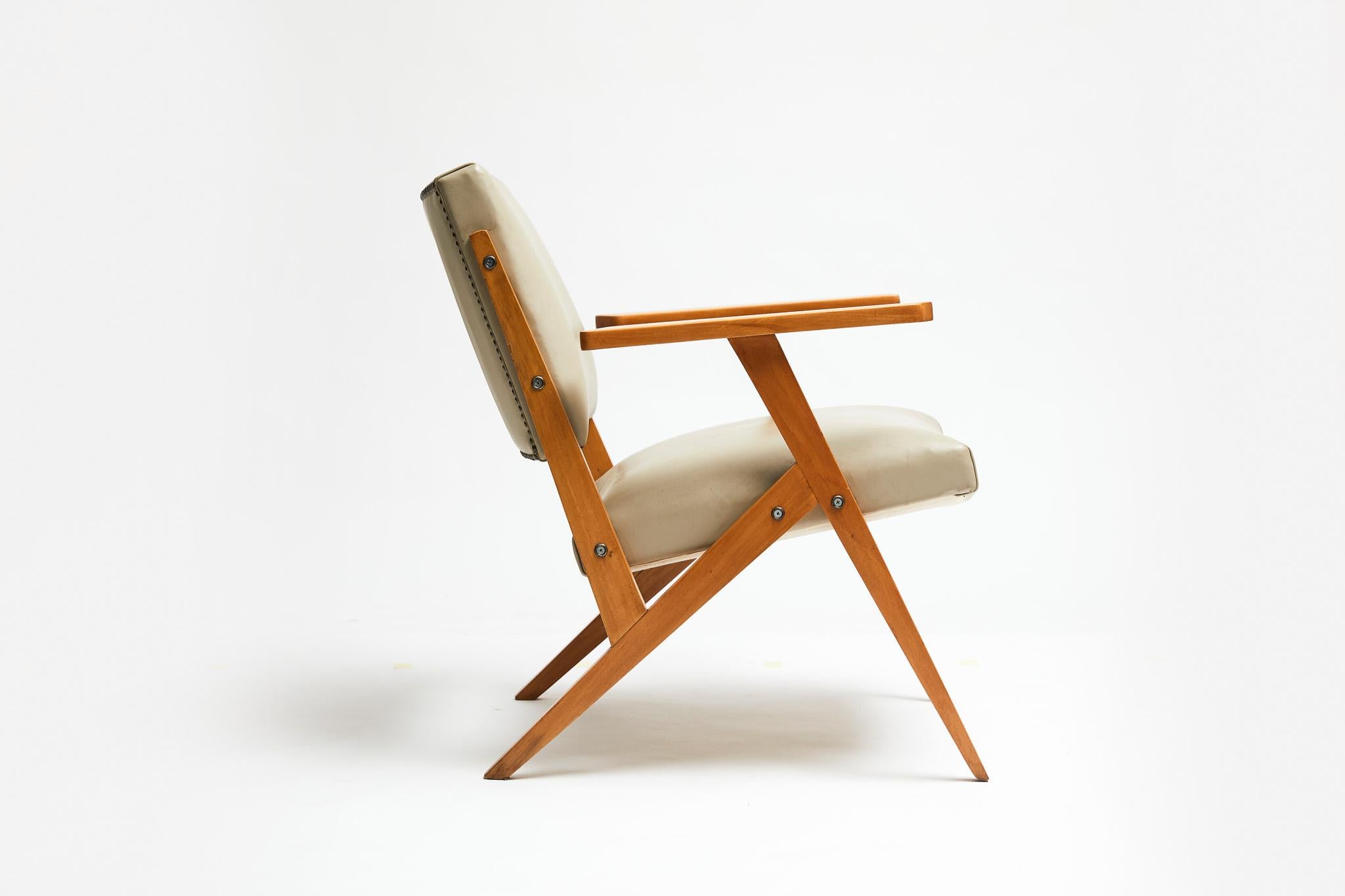 Mid-Century Modern Brazilian Modern Armchair in Wood & Mint Faux Leather, Jose Zanine Caldas, 1950s For Sale