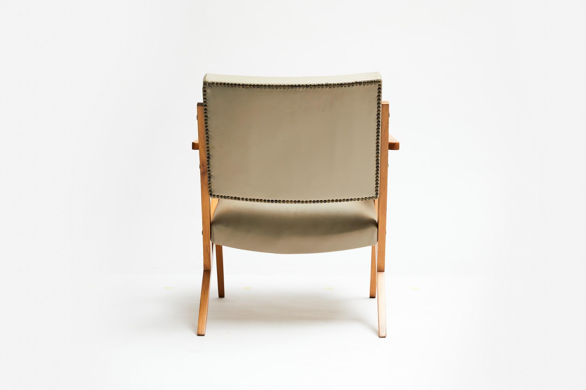 Brazilian Modern Armchair in Wood & Mint Faux Leather, Jose Zanine Caldas, 1950s In Good Condition For Sale In New York, NY