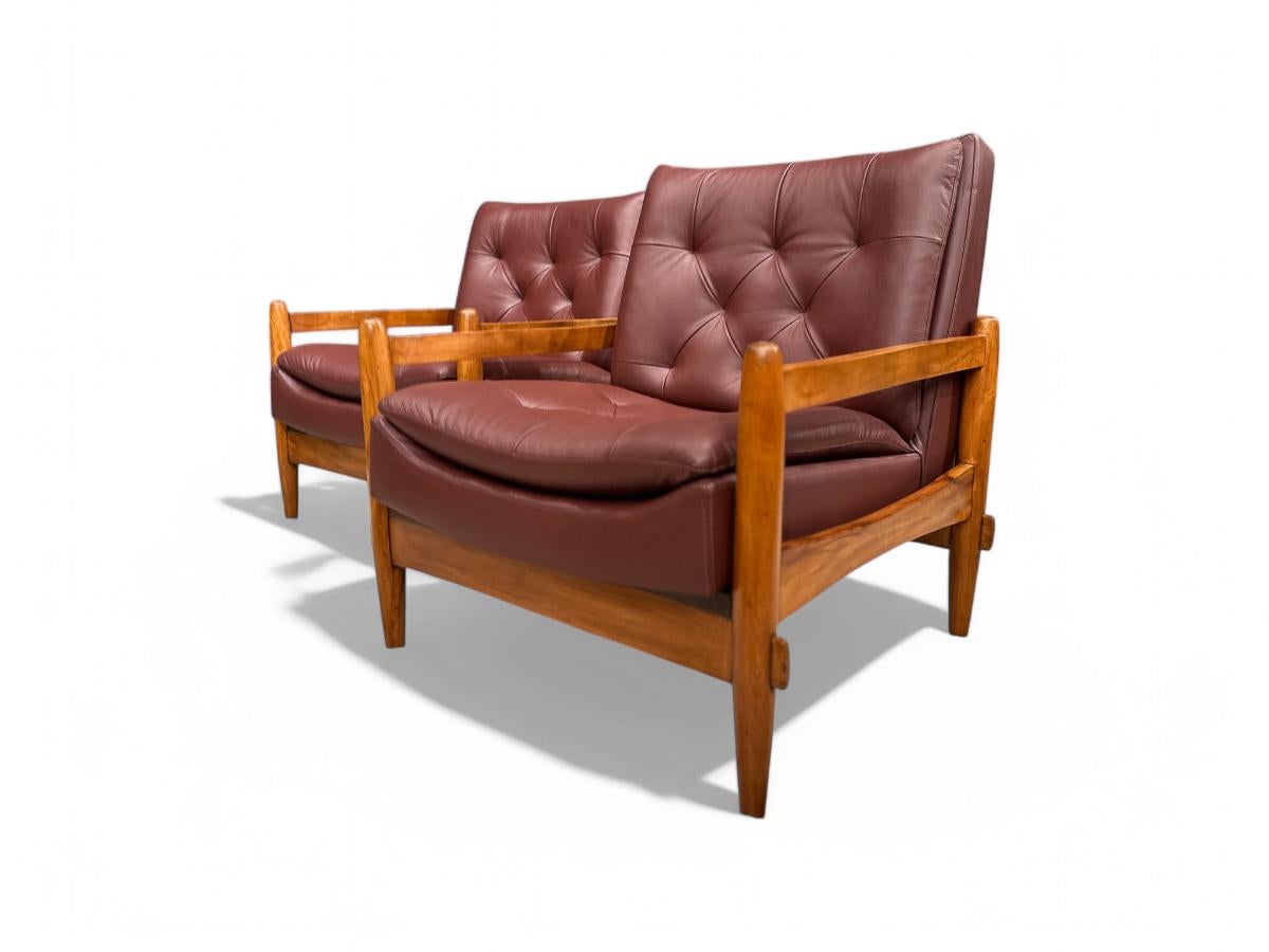 Brazilian Modern Armchair Pair in Purple Leather & Hardwood, Cimo, Brazil, 1960 1