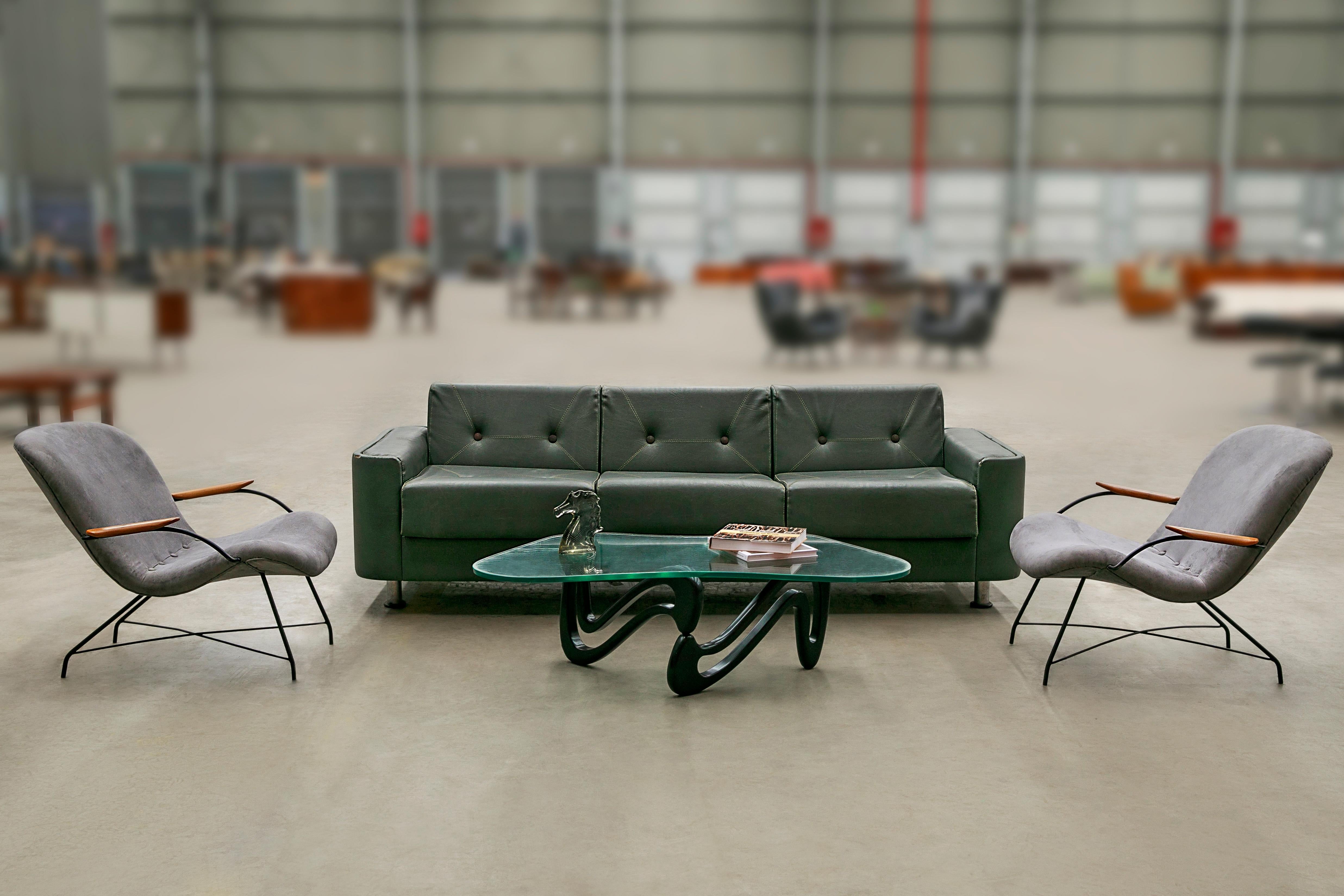 Brazilian Modern Armchairs in Fabric, Hardwood & Metal, Carlo Hauner, 1950s For Sale 4