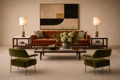 Brazilian Modern Armchairs in Aged Brass & Olive Green Mohair, Joaquim Tenreiro