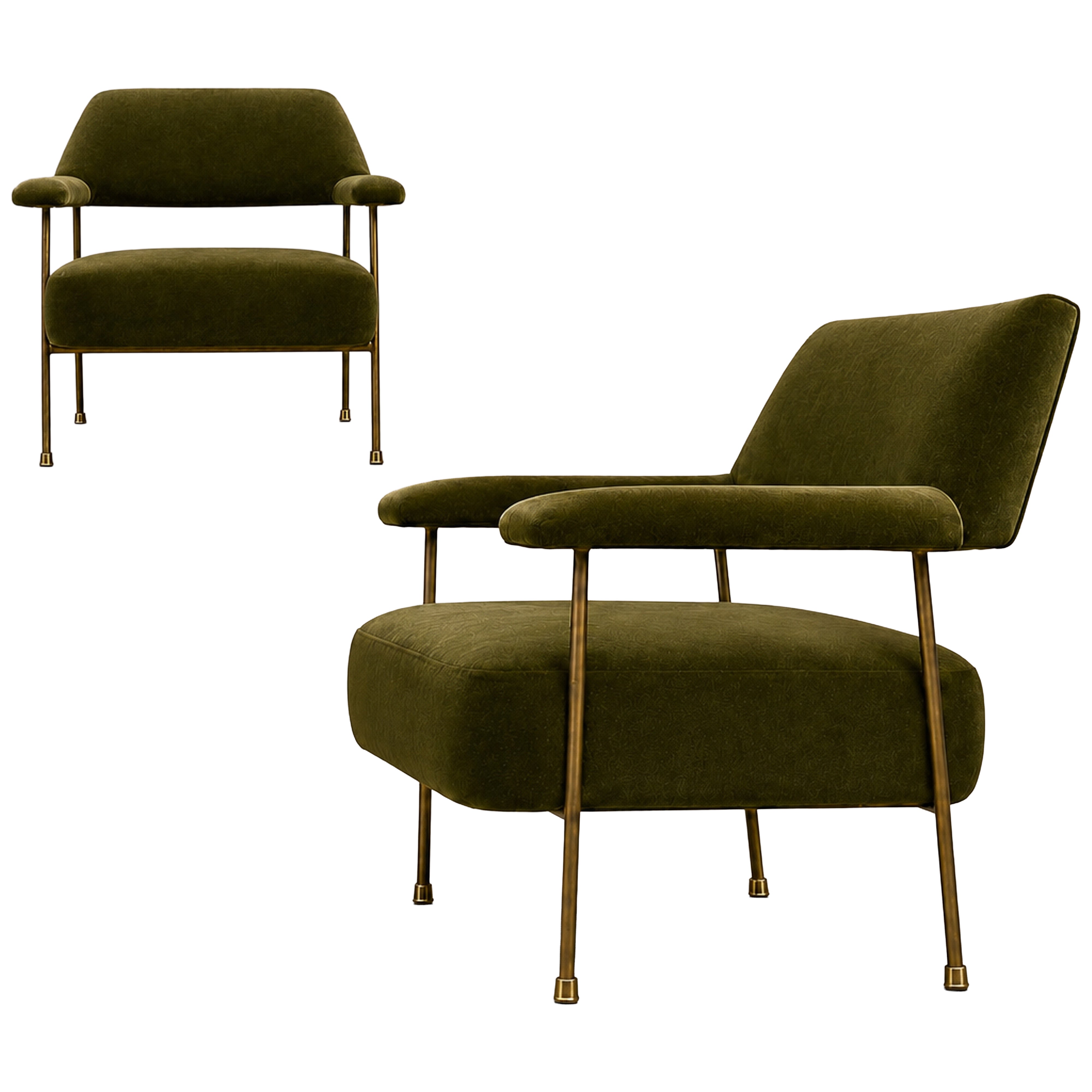 Moderne brasilianische Sessel aus Altmessing und olivgrünem Mohair, Joaquim Tenreiro