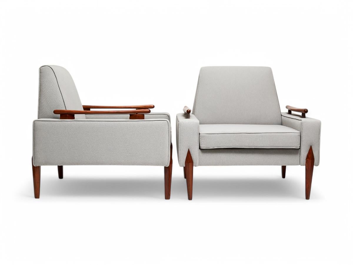 Hand-Carved Brazilian Modern Armchairs in Caviuna hardwood & Grey Linen, circa 1950s, Brazil