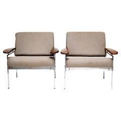Brazilian Modern Armchairs in Chrome, Hardwood & Beige Fabric. Sergio Rodrigues