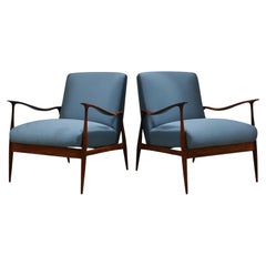 Brazilian Modern Armchairs in Hardwood and Blue Fabric, Giuseppe Scapinelli