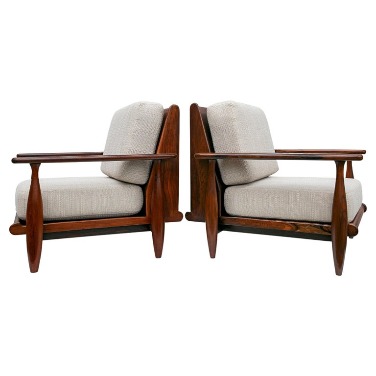 Brazilian Modern Armchairs in Hardwood & Beige Linen by Liceu De Artes, 1960s For Sale
