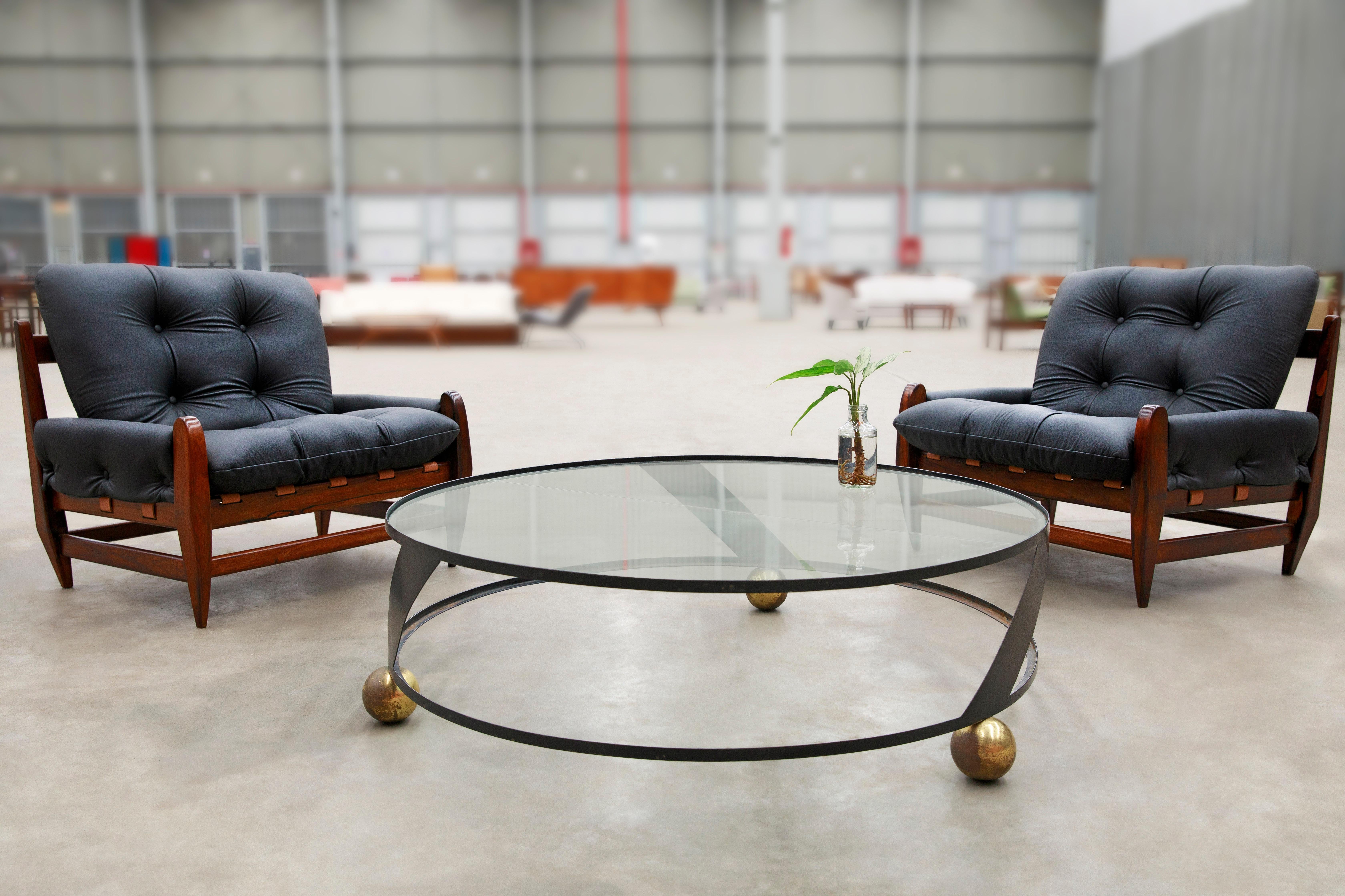 Hand-Crafted Brazilian Modern Armchairs in Hardwood & Black Leather, Jean Gillon, 1960 For Sale