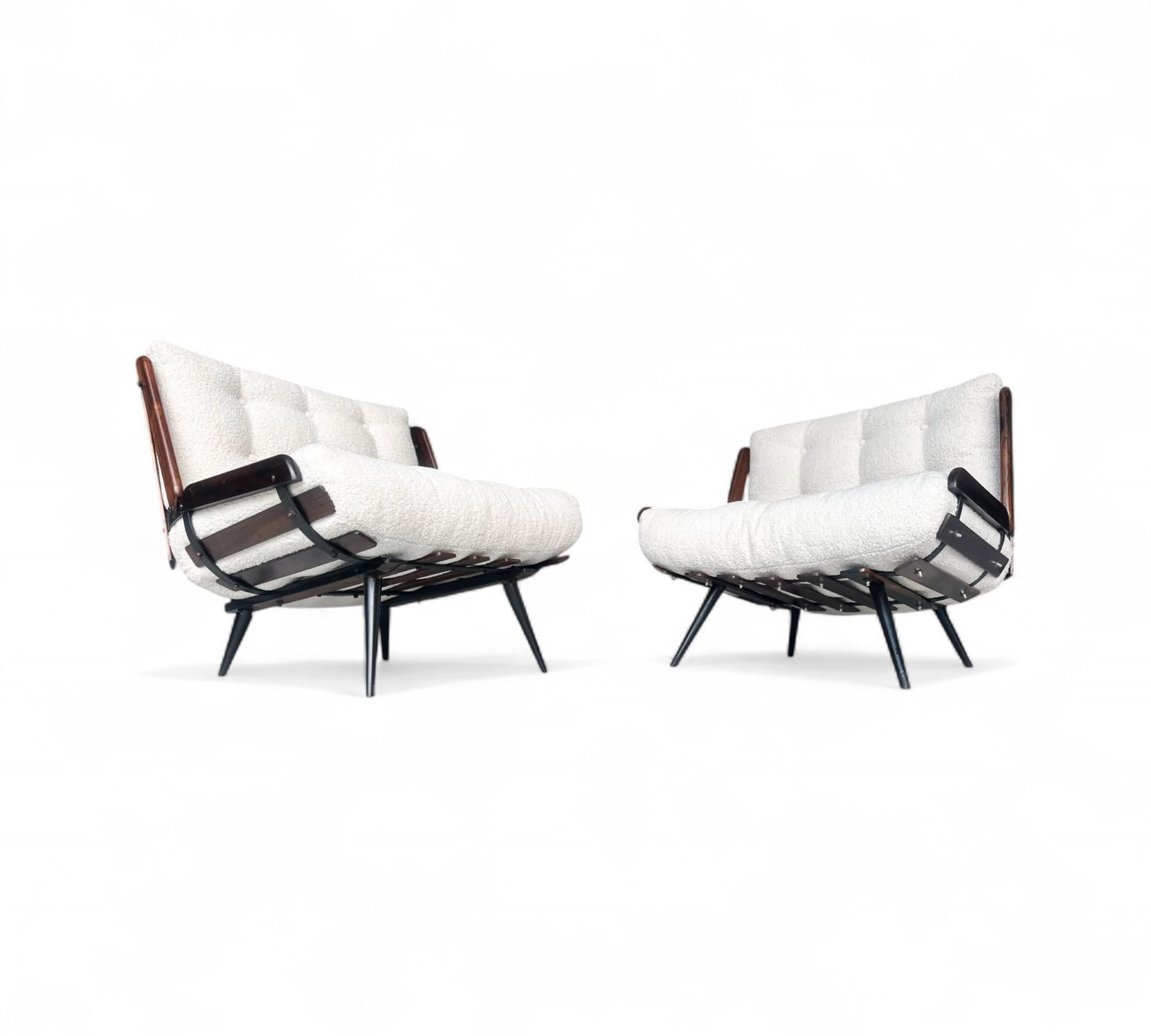 Brazilian Modern Armchairs in Hardwood & Boucle, Carlo Hauner & Martin Eisler In Good Condition For Sale In New York, NY