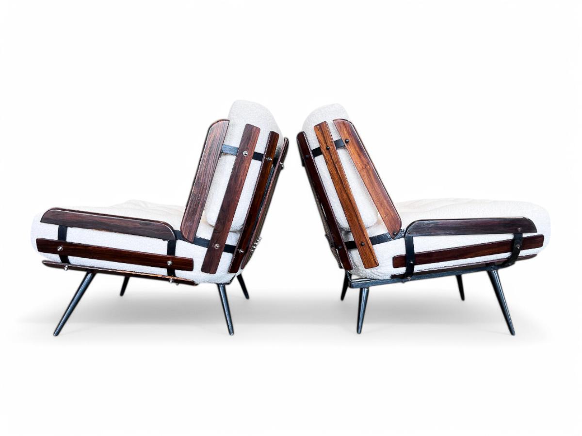Bouclé Brazilian Modern Armchairs in Hardwood & Boucle, Carlo Hauner & Martin Eisler