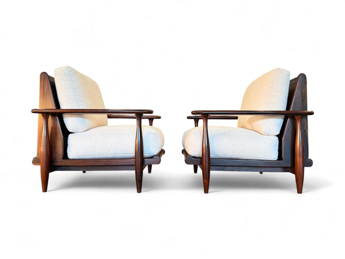 Woodwork Brazilian Modern Armchairs in Hardwood & Boucle, Liceu De Artes, Brasil, 1960s For Sale