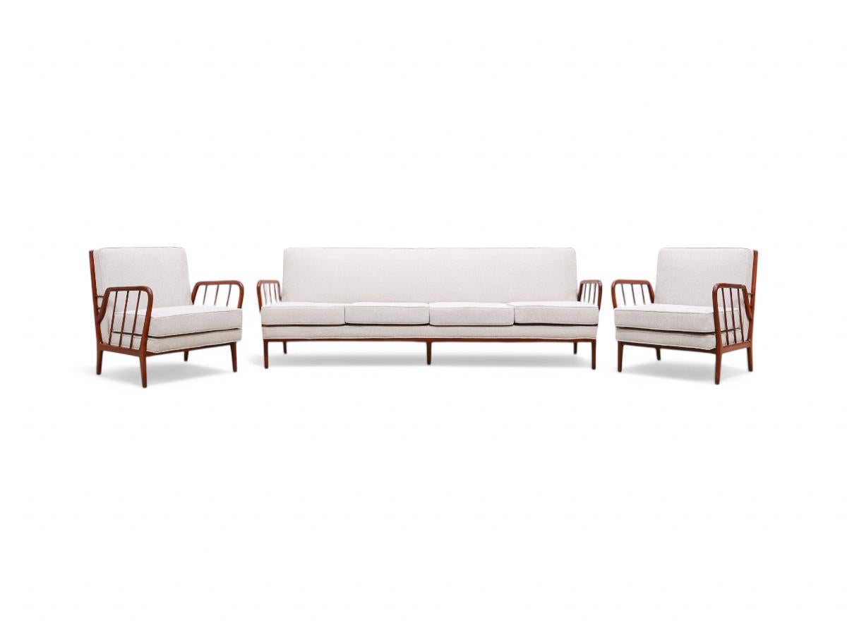 Brazilian Modern Armchairs in Hardwood & Boucle, Rino Levi , 1960s, Brazil For Sale 3