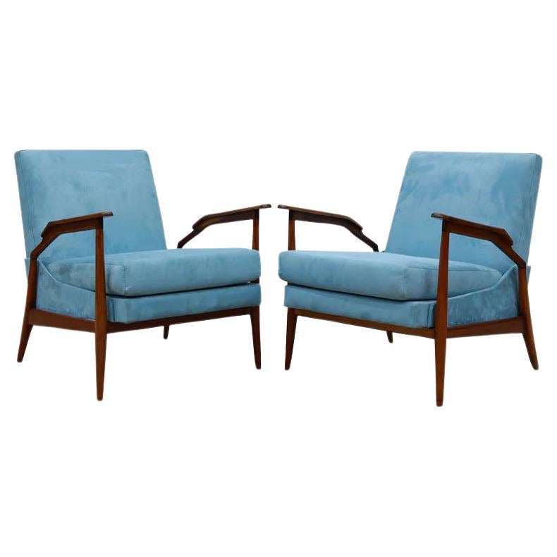 Mid-Century Modern Brazilian Modern Armchairs in Hardwood & Fabric by Giuseppe Scapinelli, 1950s For Sale