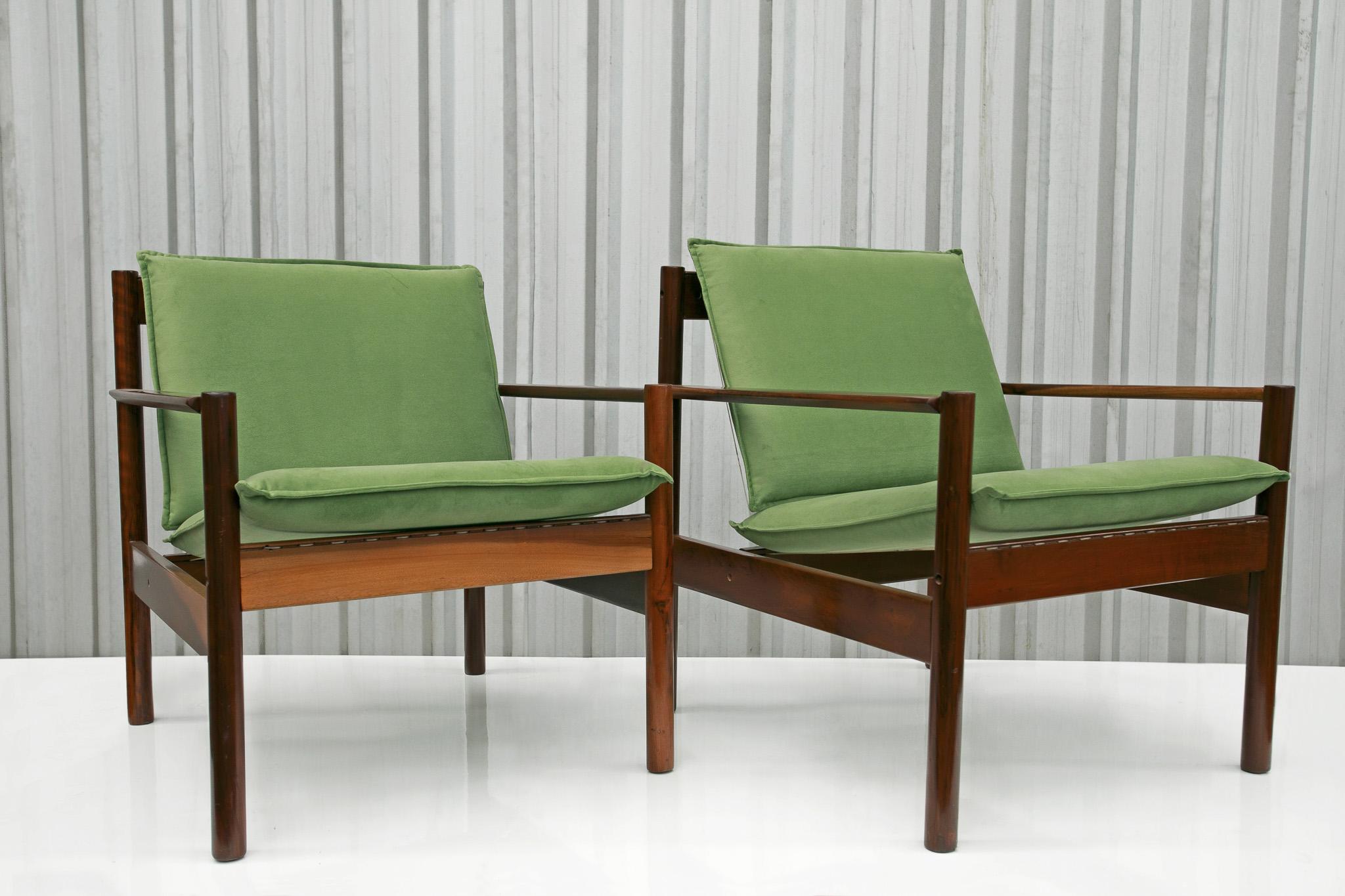 Woodwork Brazilian Modern Armchairs in Hardwood & Fabric, Michel Arnoult, 1960s For Sale