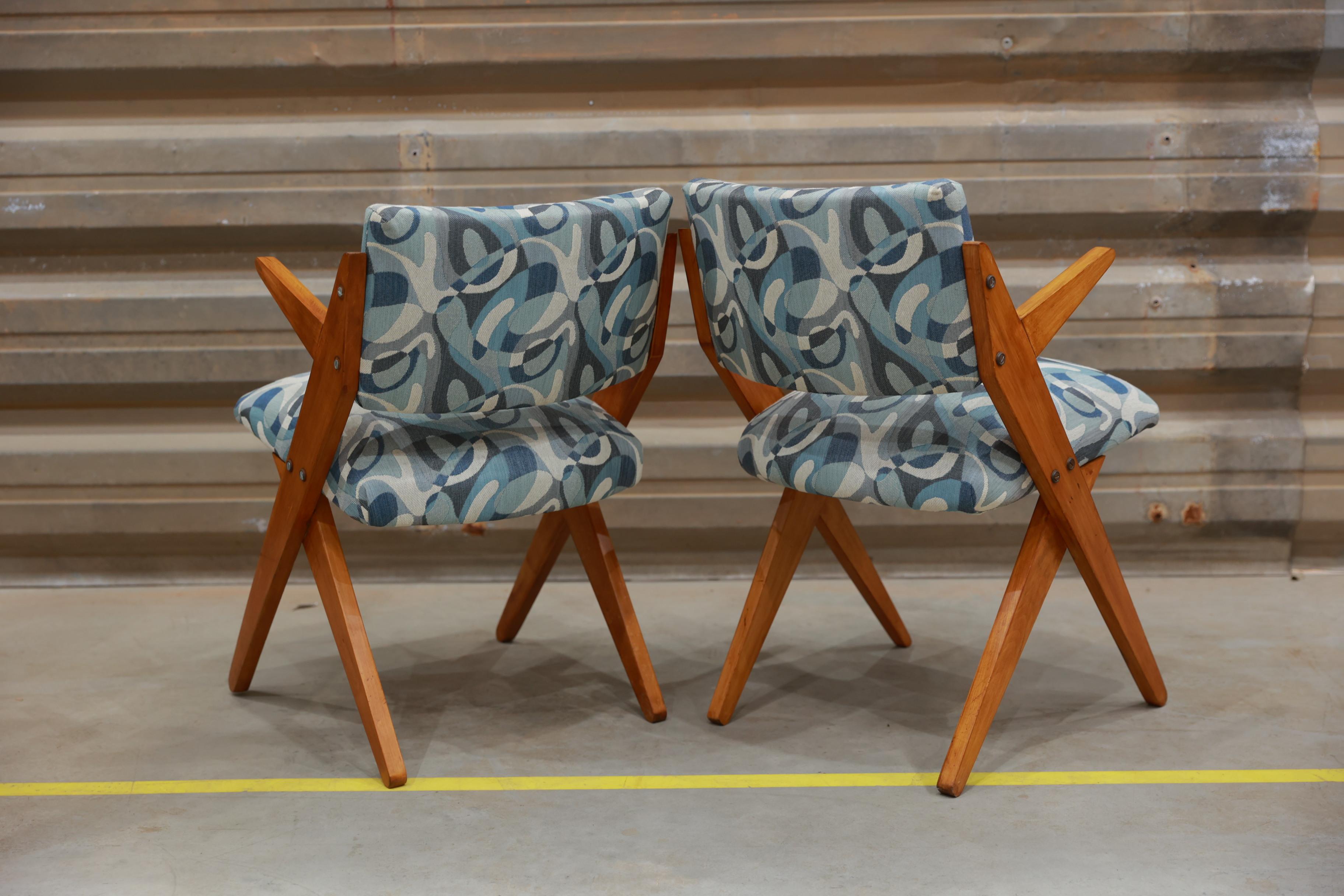 Woodwork Brazilian Modern Armchairs in hardwood & floral upholstery by Jose Zanine Caldas For Sale