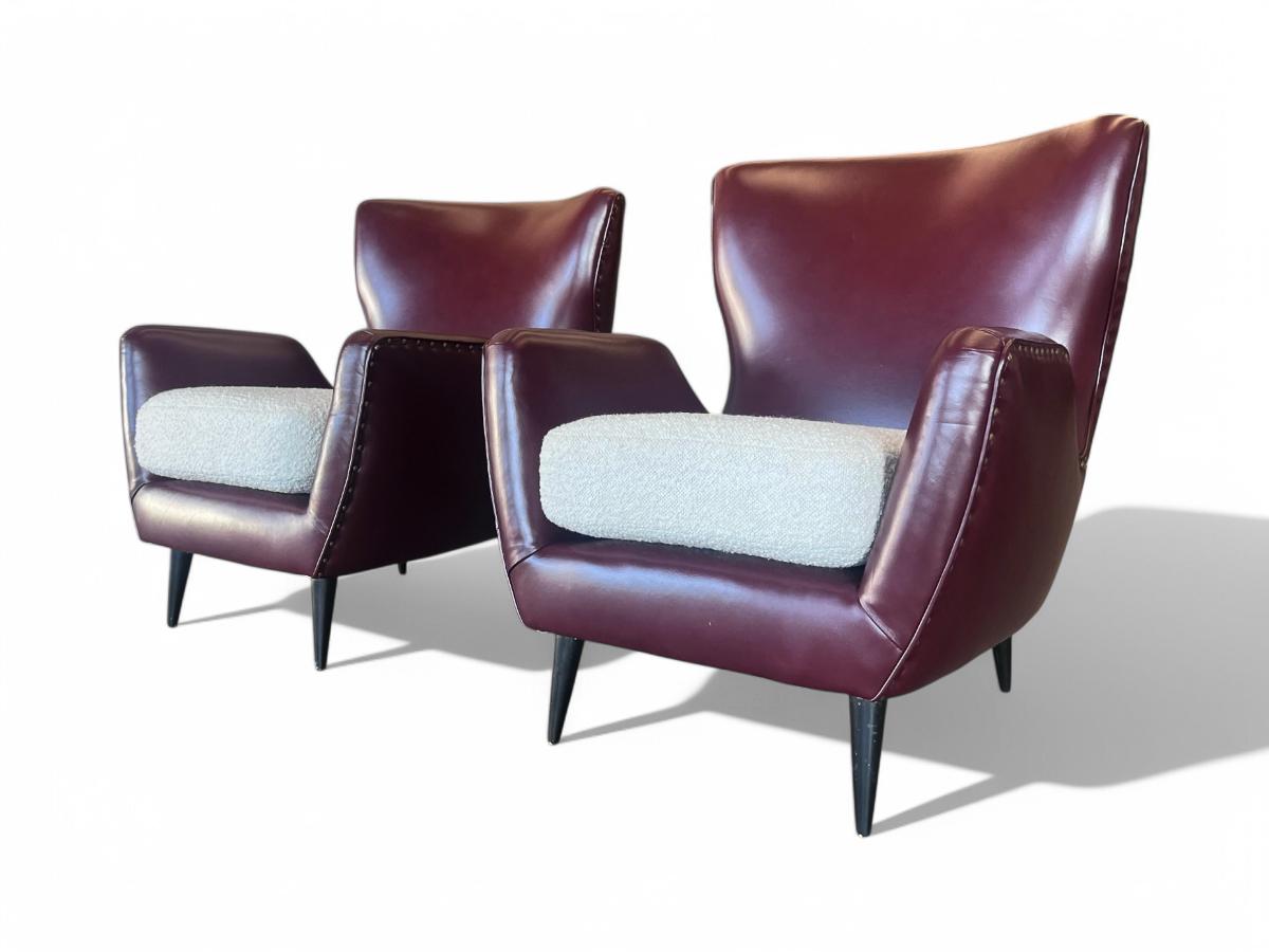 Brazilian Modern Armchairs in Hardwood, Leather & Boucle, Carlo Hauner, 1950s For Sale 1