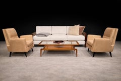 Poltrone moderne brasiliane in legno e pelle scamosciata, Giuseppe Scapinelli, anni '50