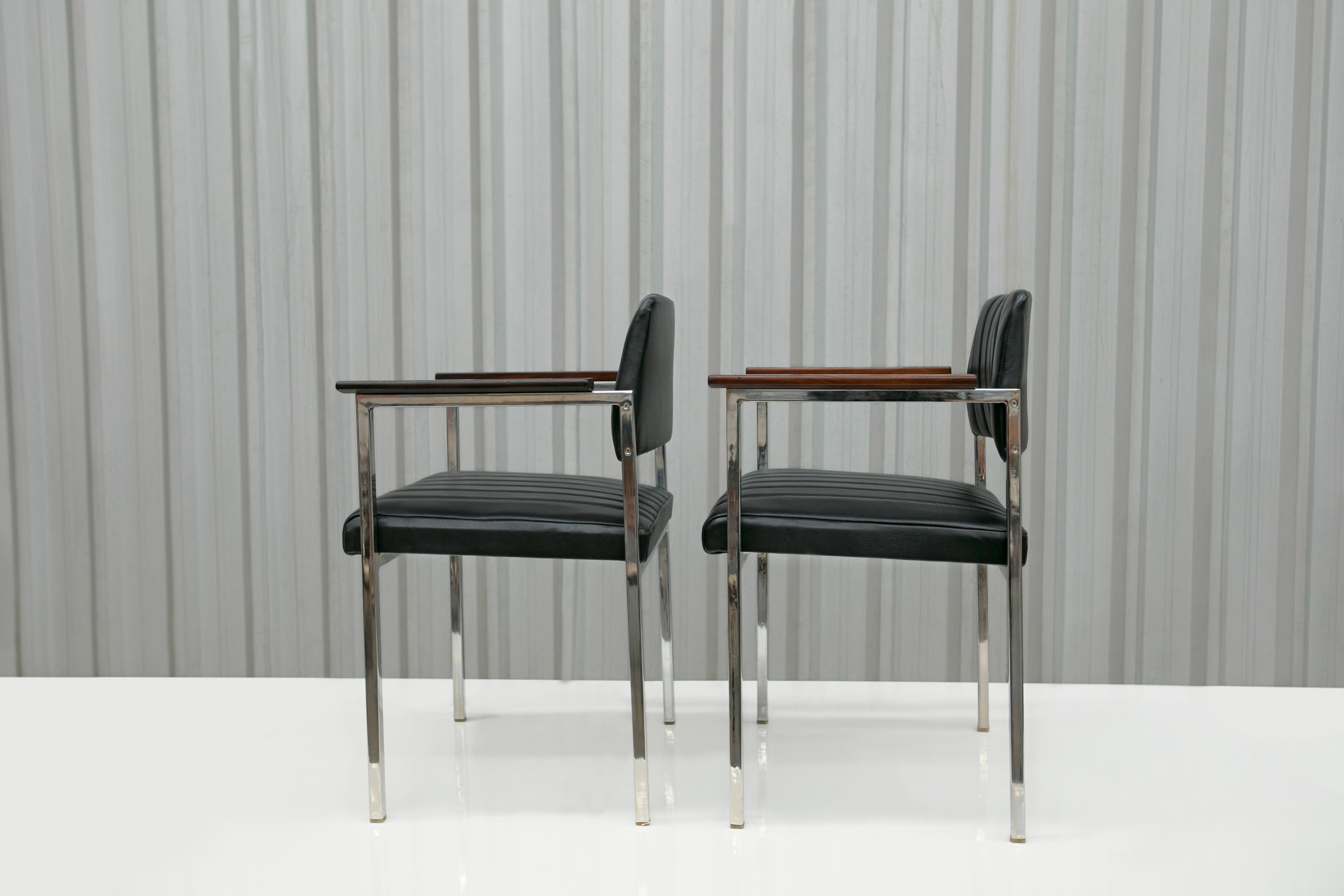 Brazilian Modern Armchairs in Steel, Leather & Wood Unknown, 1960s, Brazil In Good Condition For Sale In New York, NY